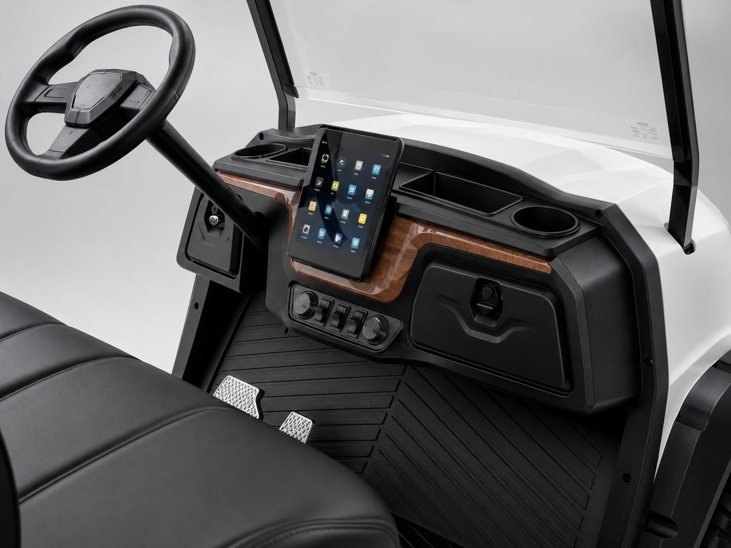Custom electric golf cart dashboard and interior configuration detail