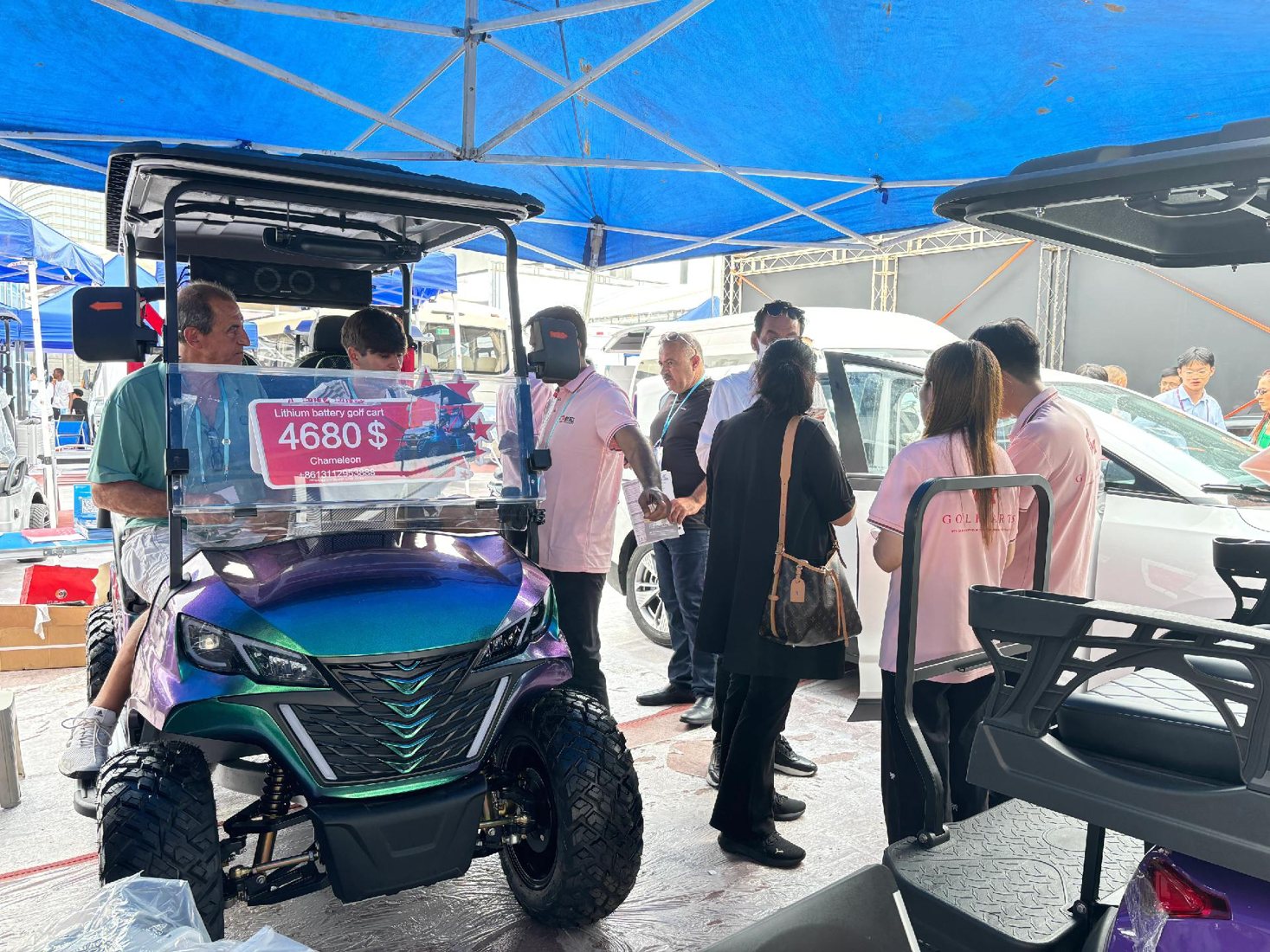 77EV electric golf cart manufacturer display at the 2026 Canton Fair